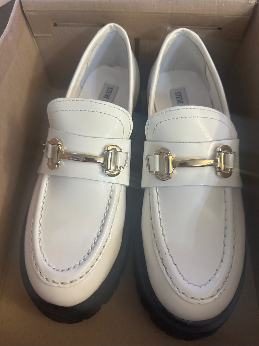 Steve Madden White Leather Bit Loafers with Gold Hardware